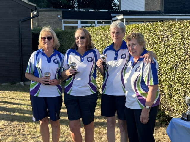 Pat Watson, Susan Palmer and Pauline Shepherd receiving their trophies from Anne Begley. Gillian Munro, Diane Hilsdon and Elizabeth Gillott were runners up